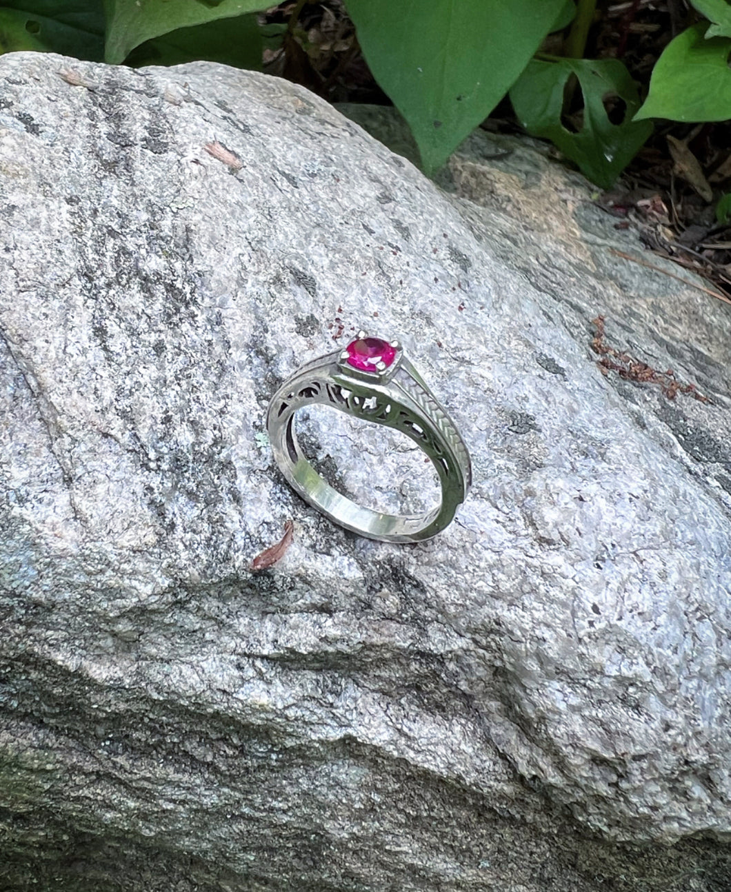Ruby and Filigree Sterling Silver Ring (Size 7)
