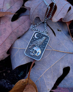 Silver Skull and Crow Pendant
