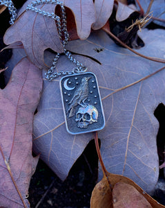 Silver Skull and Crow Pendant