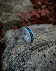 White Ceramic Ring with Crushed Opal and Mica Inlay (Size 9.5)