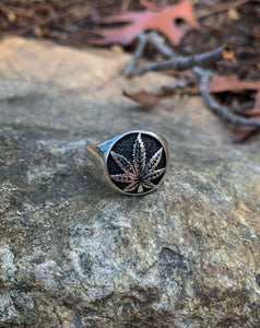 Cannabis Leaf Signet Silver Ring (Size 11)