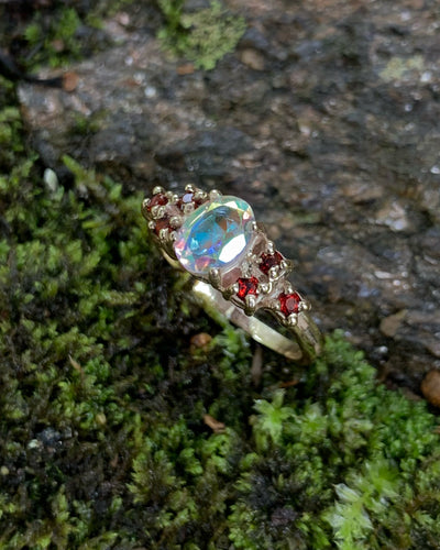 14k Gold Multi-Stone Ring with Opalescent Quartz and Garnet
