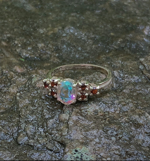 14k Gold Multi-Stone Ring with Opalescent Quartz and Garnet