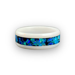 White Ceramic Ring with Crushed Opal and Mica Inlay (Size 9.5)